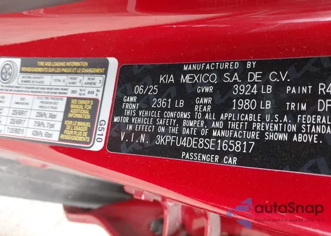 2025 Kia K4 Ex from USA, damaged, VIN 3KPFU4DE8SE165817